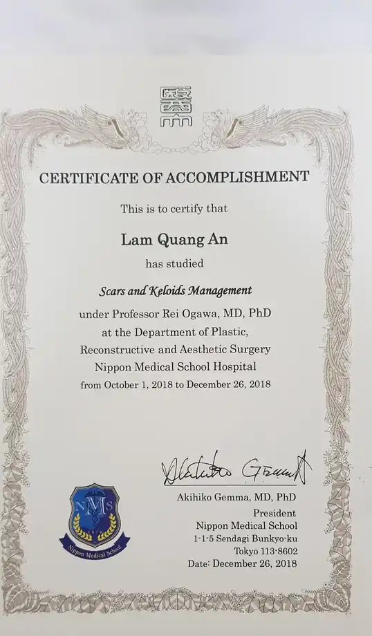Giấy chứng nhận của Nippon Medical School về chương trình học quản lý sẹo và sẹo lồi, 01/10 – 26/12/2018